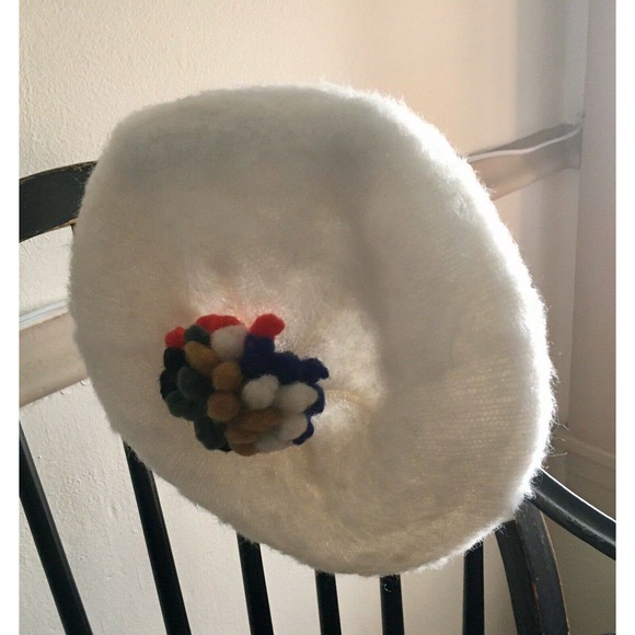 Vintage Beret White Felt With Pom Pom hat Ooh La La! - Picture 8 of 12